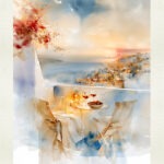 Bonjour Tristesse by Eugene Avgerinos — watercolor of an Aegean sunset terrace with two chairs, wine glasses, red bougainvillea and Cycladic houses above the sea.