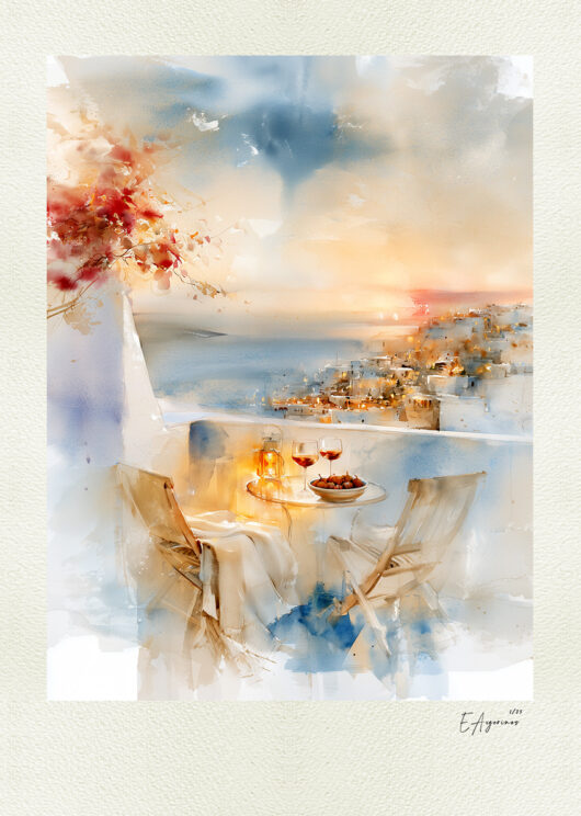 Bonjour Tristesse by Eugene Avgerinos — watercolor of an Aegean sunset terrace with two chairs, wine glasses, red bougainvillea and Cycladic houses above the sea.