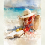 Watercolor of a straw hat, woven beach bag, red scarf, lemons and an open book on a sunlit shore beside turquoise Aegean water.