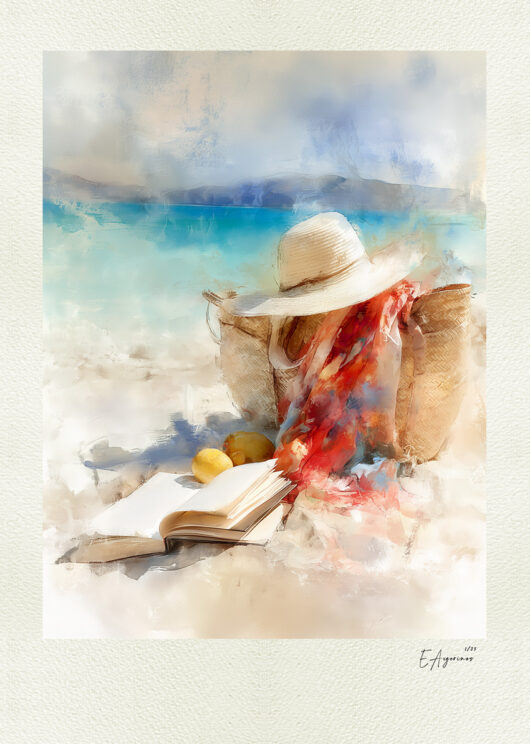 Watercolor of a straw hat, woven beach bag, red scarf, lemons and an open book on a sunlit shore beside turquoise Aegean water.