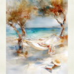 Watercolor of a hammock beneath leafy trees overlooking the Aegean Sea, with an open book and straw hat resting nearby.
