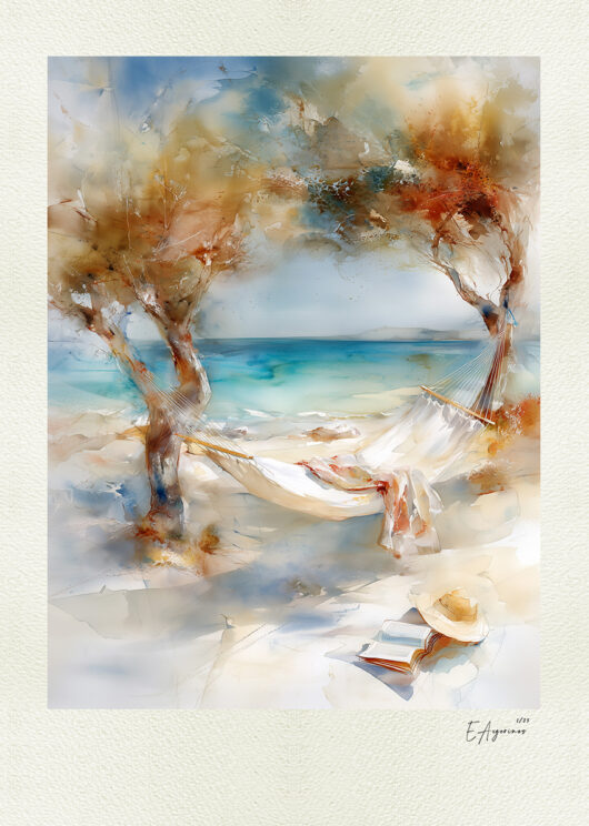 Watercolor of a hammock beneath leafy trees overlooking the Aegean Sea, with an open book and straw hat resting nearby.