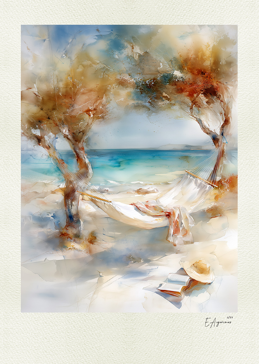 The Enchanted April — Elizabeth von Arnim Watercolor of a hammock beneath leafy trees overlooking the Aegean Sea, with an open book and straw hat resting nearby.