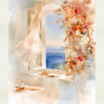 Watercolor of an open window overlooking the blue Aegean Sea, with a billowing curtain, warm-toned flowers and a coffee cup in soft morning light.