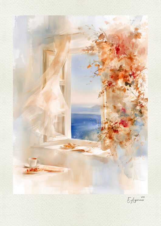 Watercolor of an open window overlooking the blue Aegean Sea, with a billowing curtain, warm-toned flowers and a coffee cup in soft morning light.