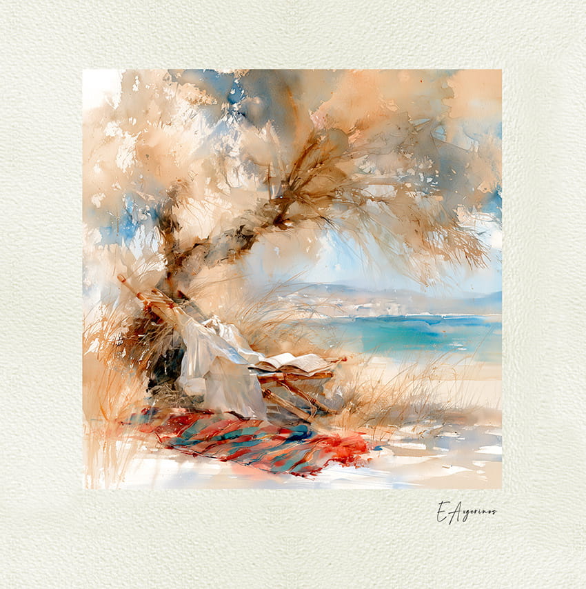 The Sea, The Sea — Iris Murdoch Watercolor of an open book on a chair beneath a wind-shaped tree by a turquoise Aegean beach, with a striped cloth on the sand.