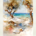 The Summer Book by Eugene Avgerinos — Aegean watercolor with an empty hammock between two trees, turquoise sea, an open book and a straw hat on the sand.