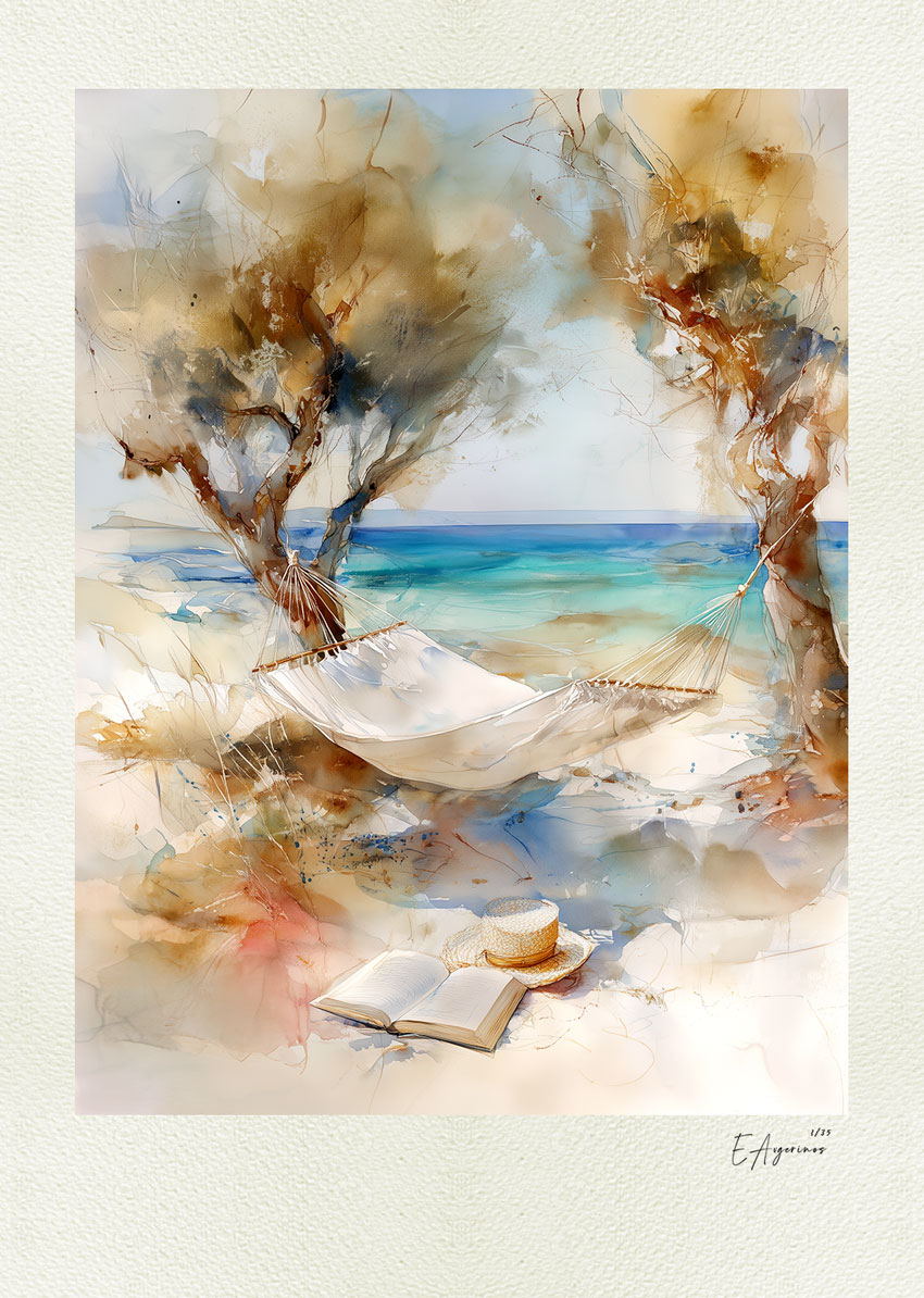 The-Summer-Book-—-Tove-Jansson The Summer Book by Eugene Avgerinos — Aegean watercolor with an empty hammock between two trees, turquoise sea, an open book and a straw hat on the sand.