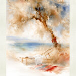 The Waves by Eugene Avgerinos — abstract watercolor with warm ochre and peach washes, soft Aegean blue, and delicate branching lines.