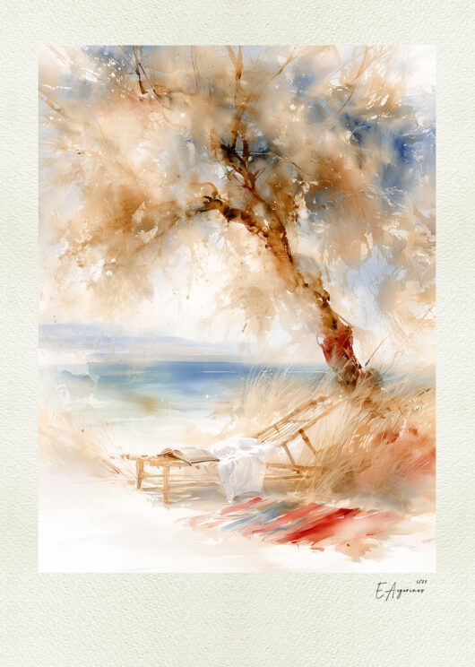 The Waves by Eugene Avgerinos — abstract watercolor with warm ochre and peach washes, soft Aegean blue, and delicate branching lines.